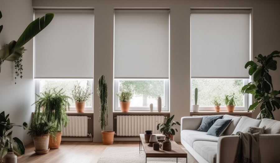 Light roller blinds on three tall living room windows