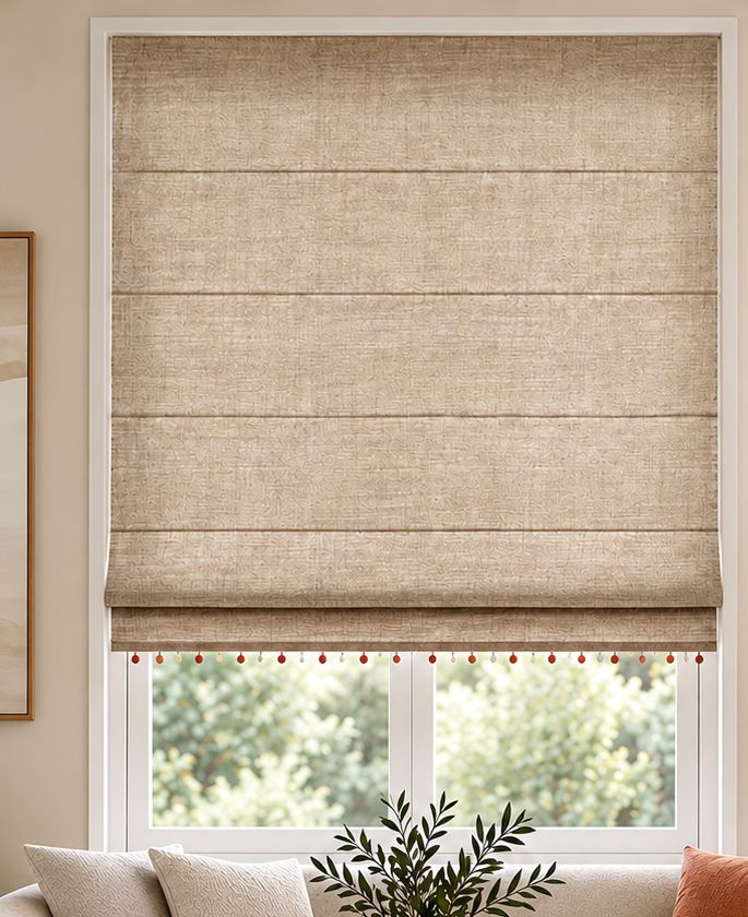 Roman blind in soft linen-look fabric folded halfway up a window