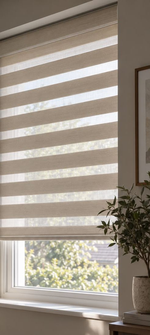 Zebra blind letting soft daylight into a living room